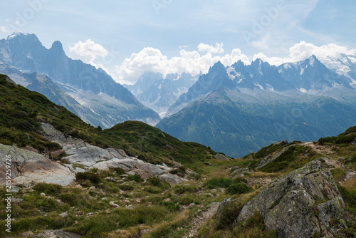 Rocky alpine slopes and green shrubs overlook dramatic peaks in the Chamonix valley, France.