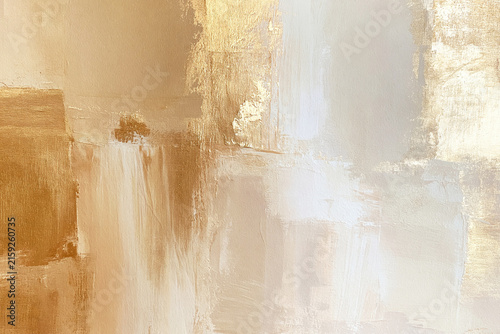 Abstract golden and ivory painting combines broad textured brushstrokes, layered blocks, and luminous neutral tones in a balanced composition.