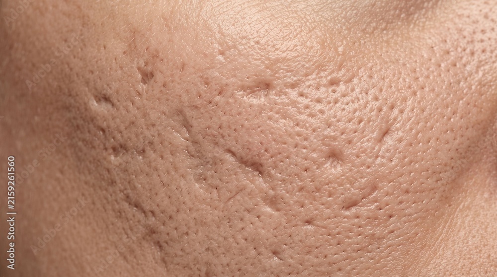 Fototapeta premium Macro shot of deep rolling acne scars and pores on cheek