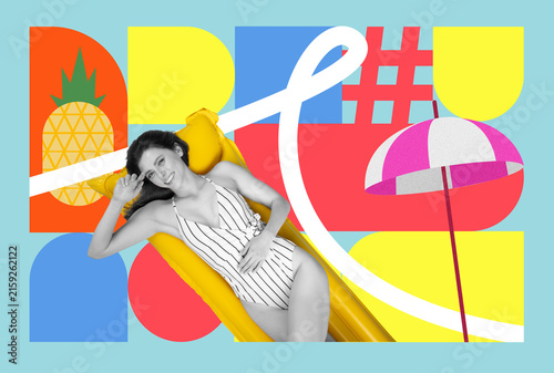 Smiling Young Woman Enjoying Sun On Yellow Inflatable Raft In Bright Swimming Pool  Relaxing At Summer Day. Cheerful Atmosphere Promoting Relaxation And Enjoyment In Outdoor Setting.