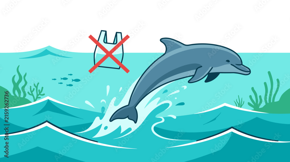Naklejka premium Dolphin jumping in turquoise ocean waves with clean water and zero plastic environmental concept