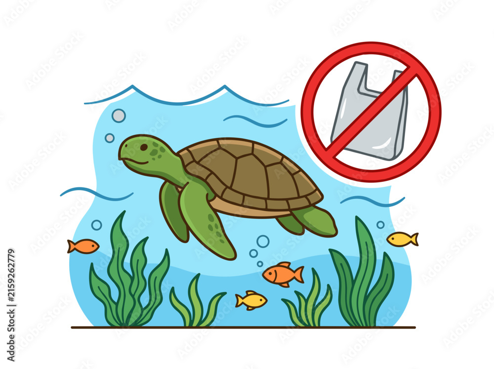Fototapeta premium Sea turtle swimming in clear ocean water with no plastic bag symbol showing marine pollution prevention concept
