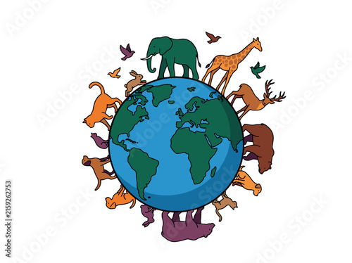 Earth globe surrounded by animals in flat illustration style showing wildlife diversity conservation concept