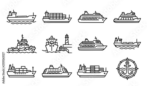 Cargo Ship Cruise Liner Ferry Boat Sea Port Freight and Maritime Transport Black White Vector Icon Set