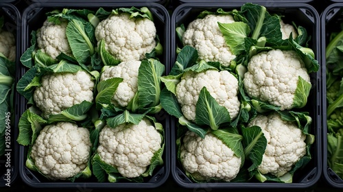 Fresh cauliflower heads packed in black trays ready for market display