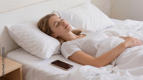 Young woman with long blonde hair sleeping peacefully on a bed with white linens, smartphone placed on a bedside table in a softly lit bedroom