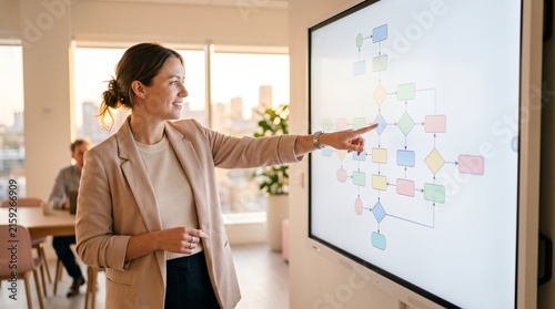 Woman points to flowchart on digital screen in modern office