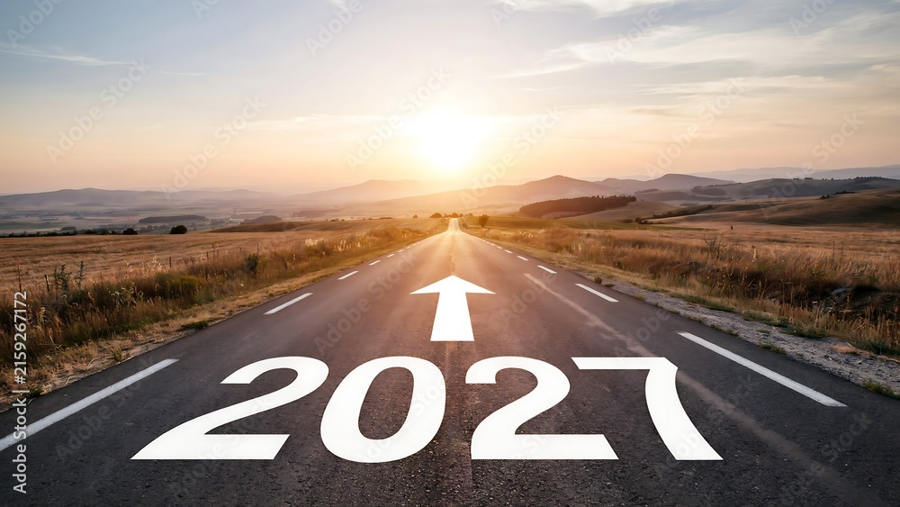 Fototapeta premium A long asphalt road with a white arrow and the number 2027 painted on it, stretching into the distance towards a bright sunset over green fields and mountains symbolizing future direction.