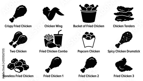 Crispy fried chicken fast food glyph icon set featuring drumsticks wings nuggets bucket meal combo and tenders vector