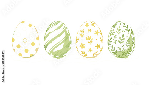 Watercolor Easter egg vector collection with green leaves yellow flowers stripes dots patterns for spring holiday card design