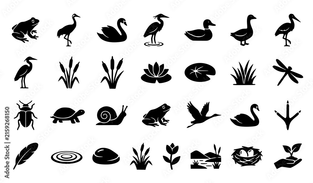 Fototapeta premium Wetland Animals and Water Plants Silhouette Vector Set with Frog Crane Swan and Water Lily