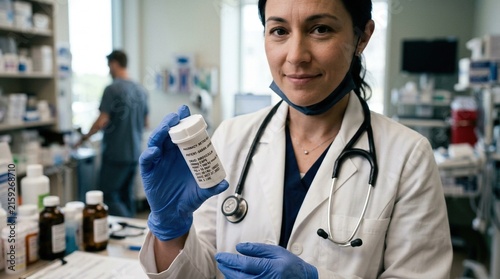 A pharmacist holds a mockup of a generic drug plastic bottle in a pharmacy, with selective focus