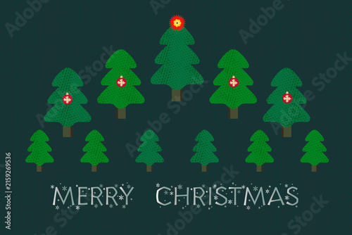 Merry Christmas Vector Card with Geometric Christmas Trees Arranged in Grid Structure and Halftone Dot Texture