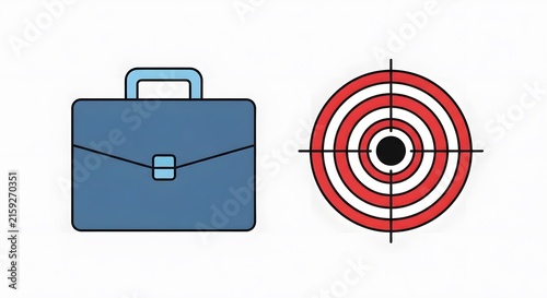 Briefcase and Target Symbol: A blue briefcase is placed next to a red bullseye target, symbolizing business goals, objectives, and strategic planning.