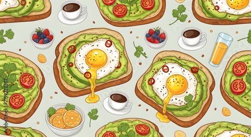 Avocado Toast Breakfast Spread: A vibrant and delicious spread of avocado toast with fried eggs, cherry tomatoes, and berries, accompanied by coffee and orange juice.