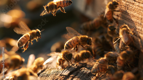 A group of bees clustering around the entrance of a traditional wooden beehive