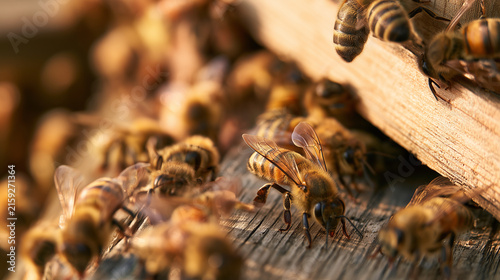 A group of bees clustering around the entrance of a traditional wooden beehive