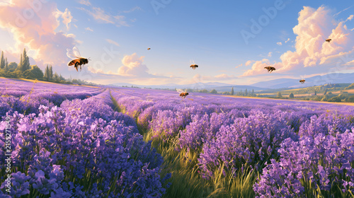 Bees flying around lavender fields stretching toward the horizon under a summer sky