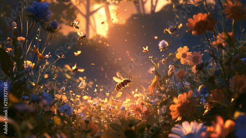 A magical garden scene with glowing bees flying among flowers at golden hour