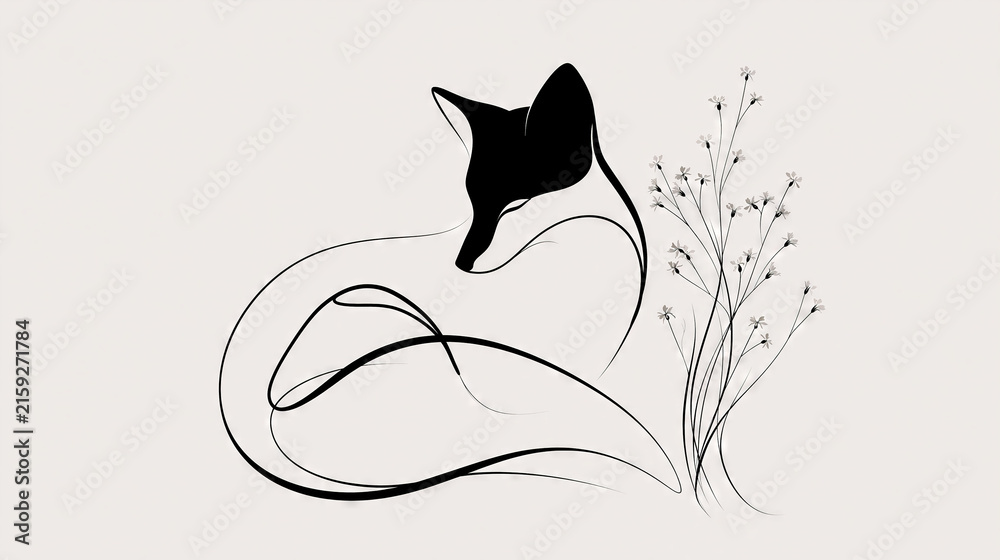 Naklejka premium Fox Curl with Wildflowers, Minimalist Illustration