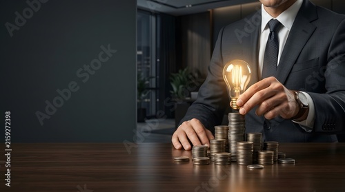 Businessman stacks coins on a wooden desk with a glowing lightbulb to demonstrate smart financial investments and innovative business ideas.