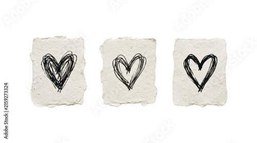 Three handdrawn scribble heart sketches on textured paper isolated on transparent background