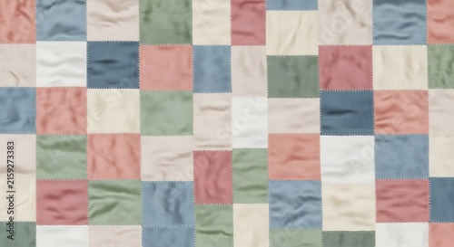 Patchwork Quilt Design: A close-up view of a colorful patchwork quilt, featuring squares of fabric in various pastel shades and textures, creating a visually appealing and comforting pattern.