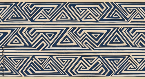 Navajo-Inspired Geometric Border: A seamless pattern featuring intricate geometric shapes inspired by traditional Navajo art, with bold navy blue lines on a cream background.