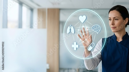 Doctor interacts with a futuristic holographic medical interface displaying health icons in a modern hospital.