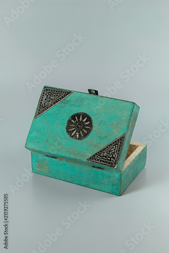 Indian turquoise vintage decorative wooden box with metal ornament
