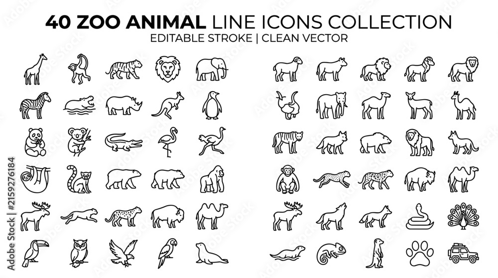 Fototapeta premium Collection of 40 zoo animal line icons editable stroke clean vector