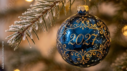 Blue Christmas Ornament 2027 on Pine Branch.