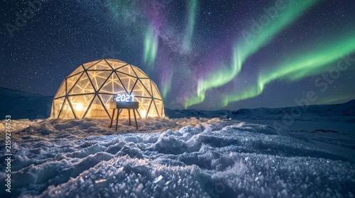 Aurora Over Illuminated Arctic Geodesic Dome.