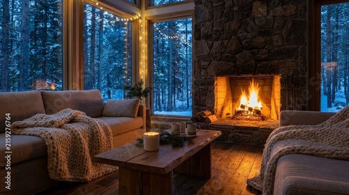 Cozy Cabin Interior With Fireplace And Forest View.