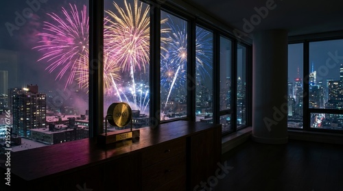 City Fireworks Through Highrise Windows at Night.