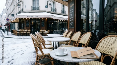 Empty Winter Cafe on Snowy City Street.