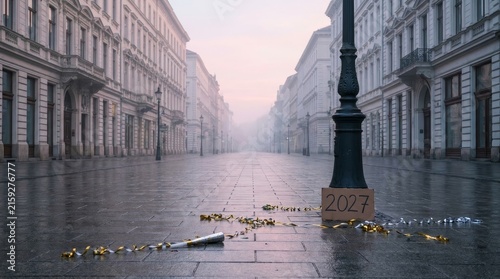 Flooded City Street in Morning Mist.