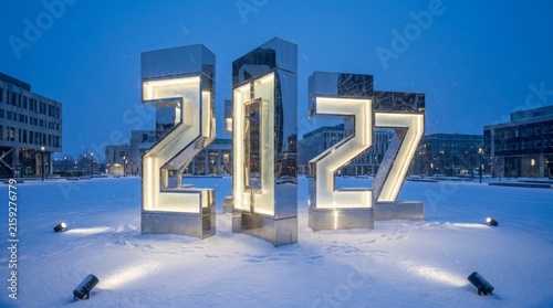 Glowing 2027 Numbers in Snowy Plaza.