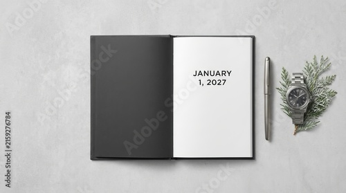 Minimal notebook flat lay with pen and plant.