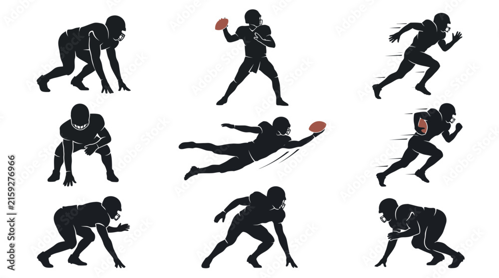Fototapeta premium Football players silhouettes showing various dynamic poses like running passing and crouching on white background