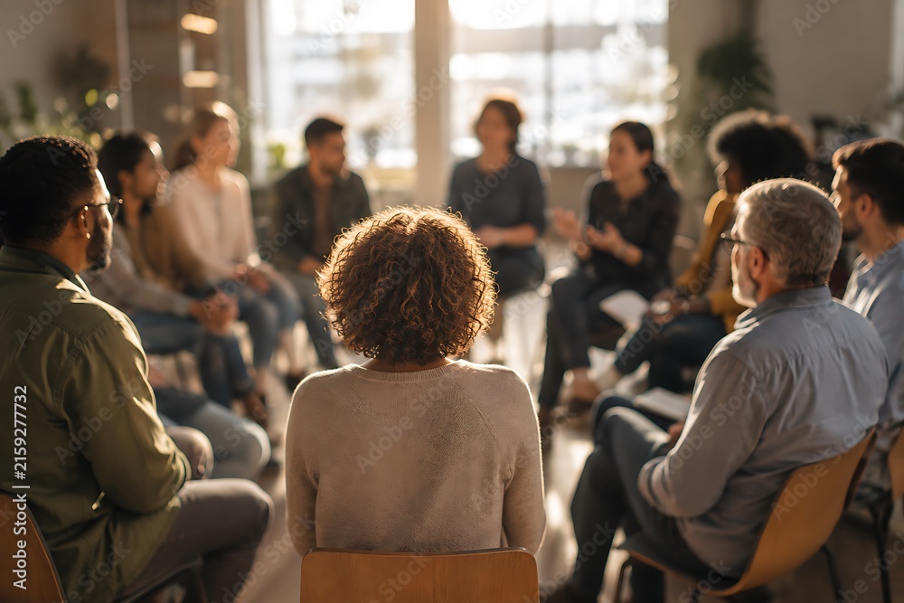 Obraz premium Diverse multiethnic people gather in a support group meeting for open communication and mental wellbeing