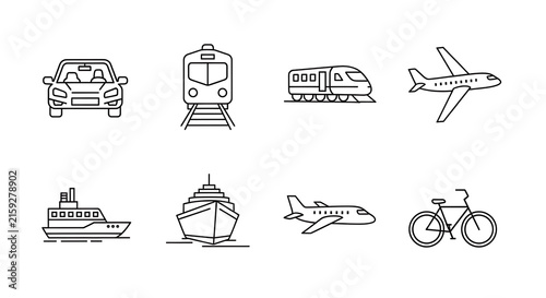 Collection of black line icons representing various modes of transportation