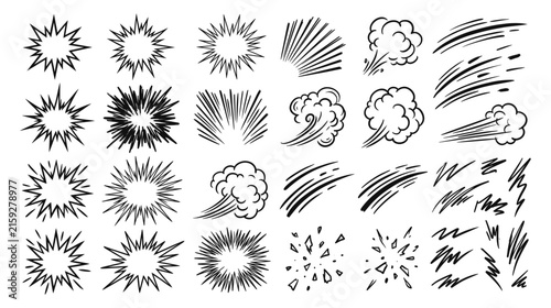 Bild auf Leinwand Set of comic book explosion, impact, speed lines, and smoke effects vector illustration