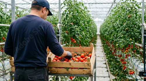 Male greenhouse worker sorting freshly harvested red tomatoes into a wooden crate. Farmer working with organic vegetable crops in a commercial agricultural facility