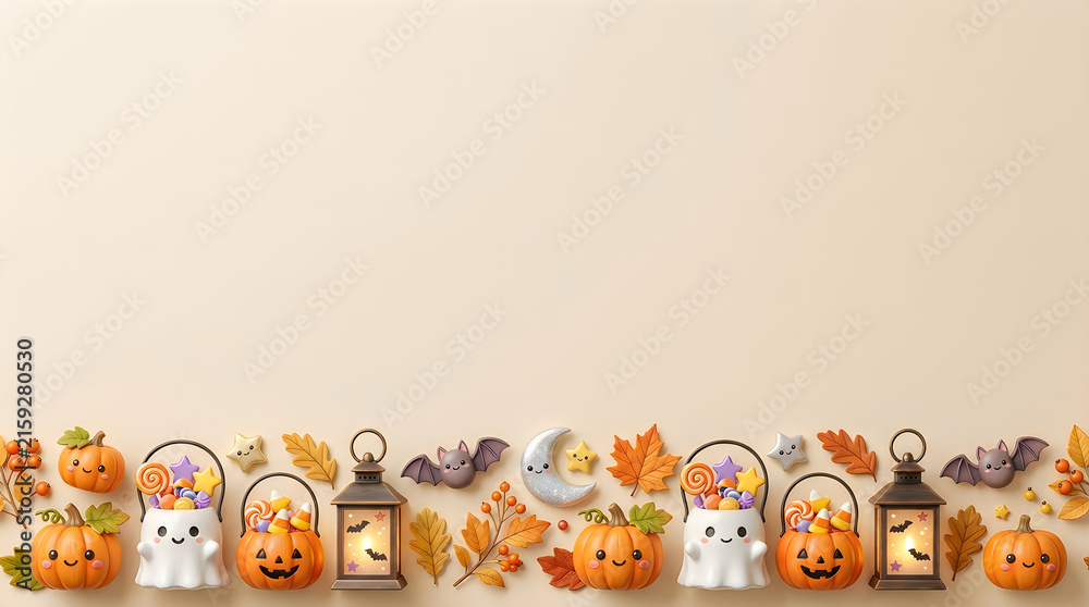 Fototapeta premium Cute Halloween border with pumpkins and ghosts. Autumn flat lay with spooky decorations. Minimalist holiday background with copy space. halloween