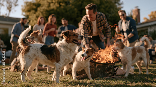 Pet photographer manages a Thanksgiving backyard turkey fryer mishap turned impromptu shoot, a group of dogs and laughing adults circling overturned equipment in a crowded