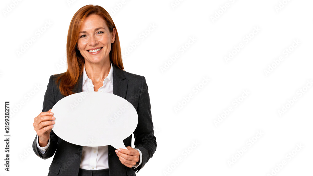 Naklejka premium Businesswoman holding blank speech bubble looking at camera. Communication, customer service, marketing, presentation.