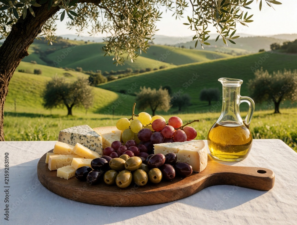 Naklejka premium Cheese, olives, grapes and olive oil served on wooden board. Beautiful Tuscan hills backdrop with green grass, trees, and soft light during golden hour.