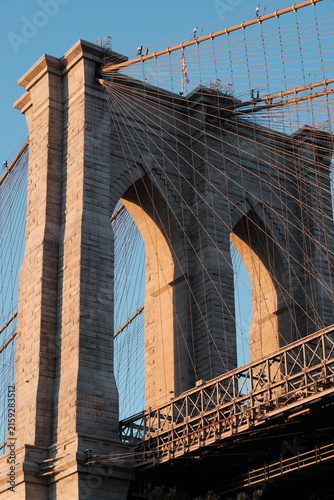 Brooklyn bridge close up with blue skies