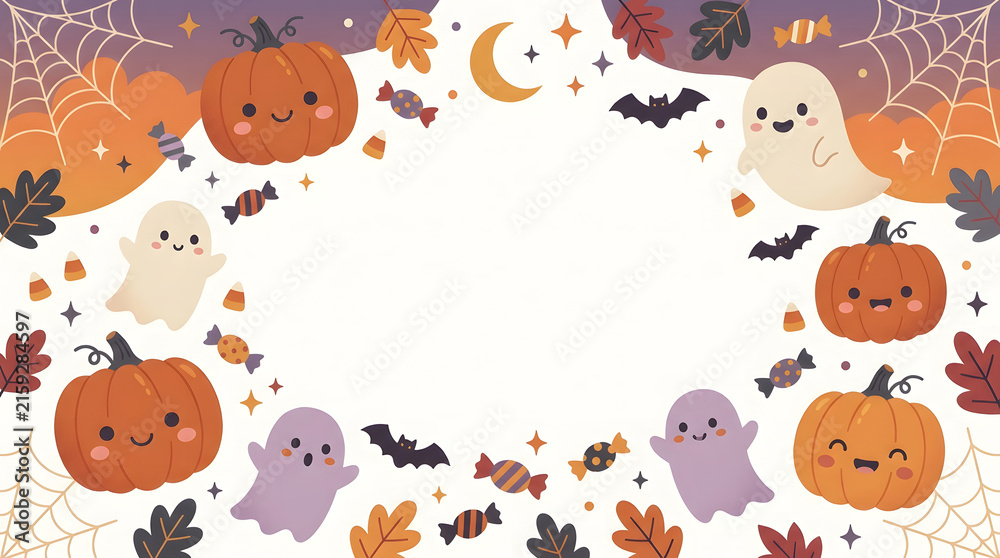 Obraz premium Decorative halloween border design featuring smiling pumpkins ghosts bats candy corn web and fall leaves on light background for party cards.